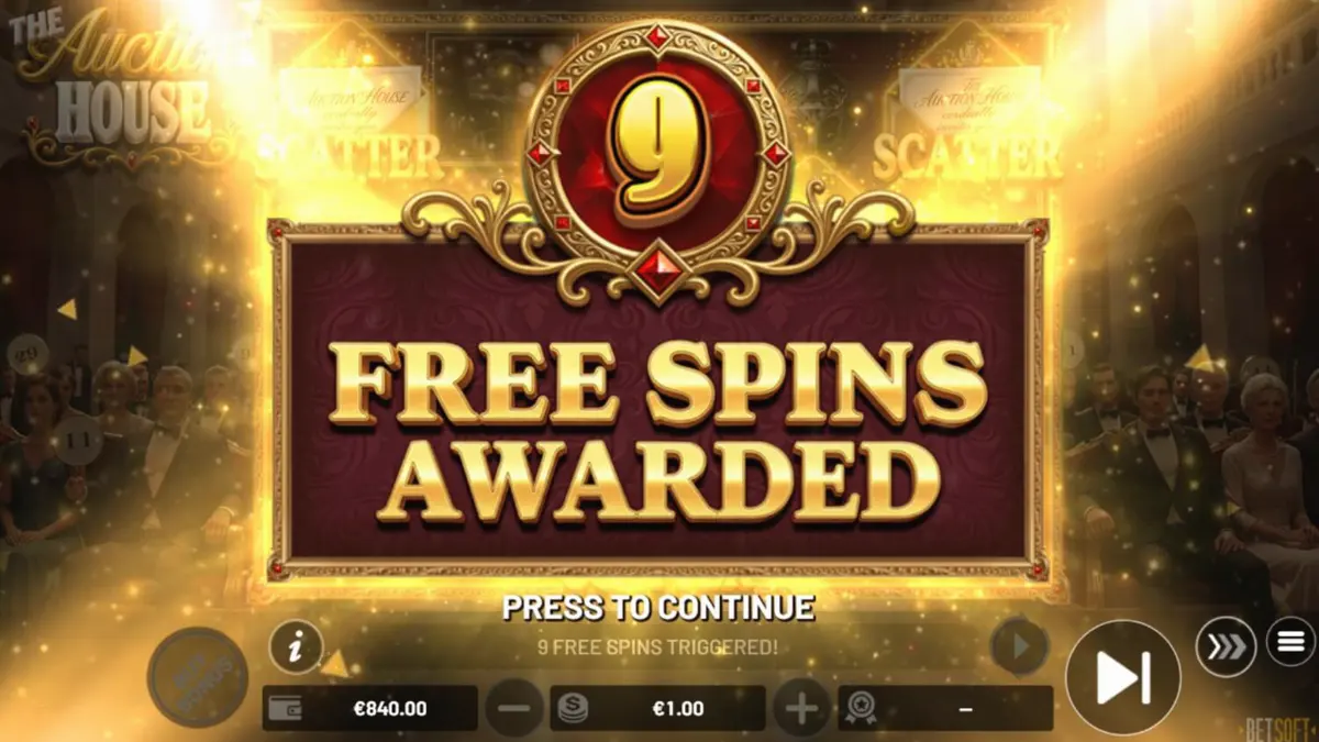 Tampilan visual mewah dari slot The Auction House dengan simbol perhiasan dan barang antik.