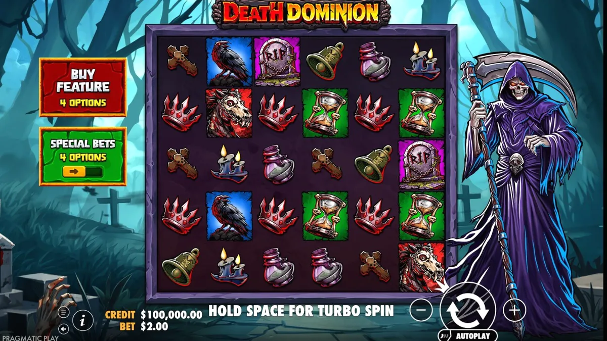 Tampilan visual slot Death Dominion dengan tema gotik dan malaikat maut
