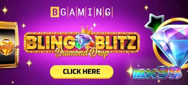 Tampilan visual permainan slot Bling Blitz Diamond Drop dengan latar belakang gelap dan simbol berlian.